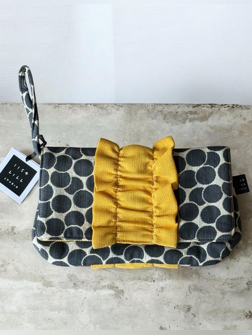 Rare! 1154 Lill Studio Gray & Mustard Dot Wristlet Clutch with Ruffle Accent